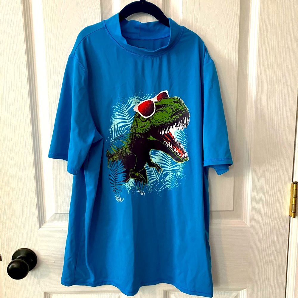 Lands' End Blue Short Sleeve Rashguard with Dino Graphic, 14H-16H